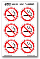 Suitsetamine keelatud (kolmekeelse tekstiga) läbimõõt 50mm 6tk koos. Ümmargused kleebised.