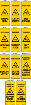 Hoiatav põrandamärk "Ettevaatust! Libe põrand". ERINEVAD KEELED (A-suurus). Põrandapüstak. U2023